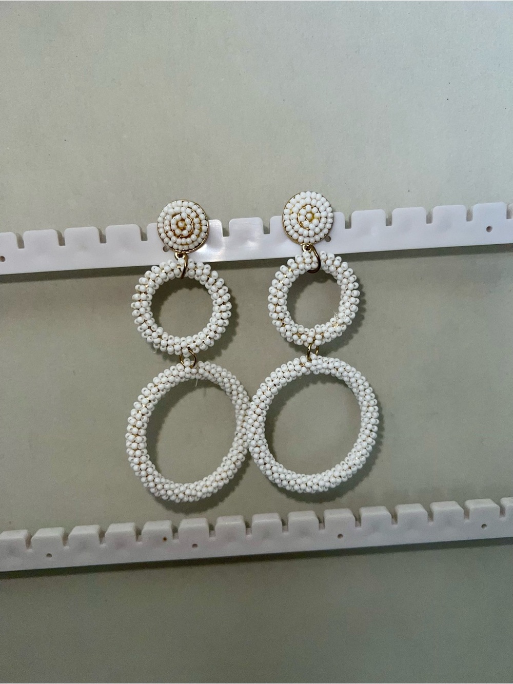 White Beaded Hoop Drop Earrings